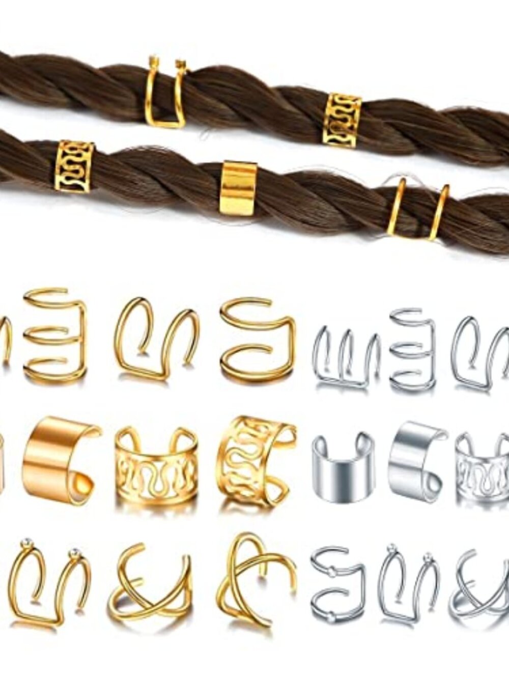 New - 24 Pcs Gold Silver Hair Braids Dreadlock Non-Piercing Ear Clip Beard Beads
